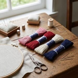 Four skeins of Olympus Sashiko thread 100m in red, white, pink, and navy blue solid colors