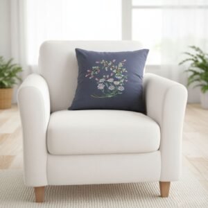 Japanese floral cushion cover embroidery kit printed on dark grey linen cotton fabric