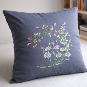 Japanese floral cushion cover embroidery kit printed on dark grey linen cotton fabric